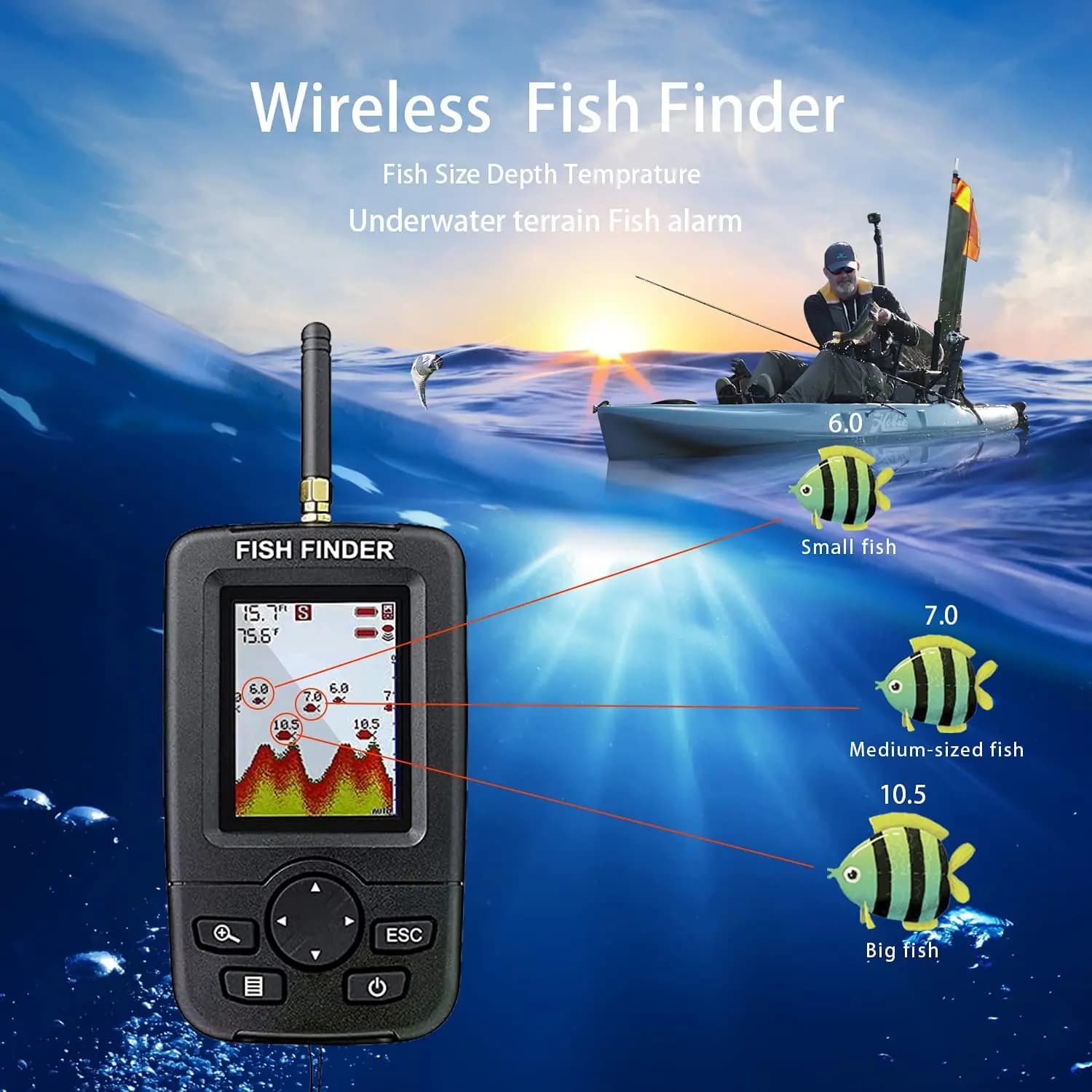 Sonar pêche portable sans fil avec menu russe - Détecteur poissons LUCKY échosondeur sous-marin