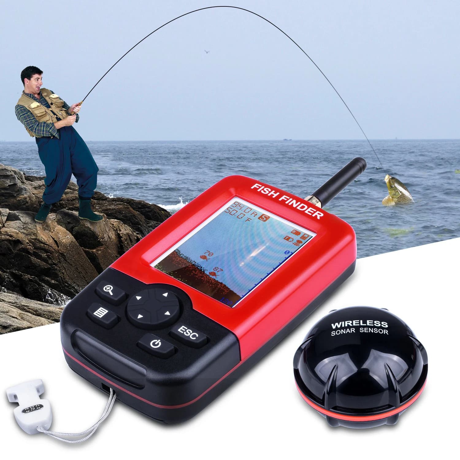 Détecteur de poissons portable sans fil 45M - Sonar avec alarme pour pêche mer rivière lac