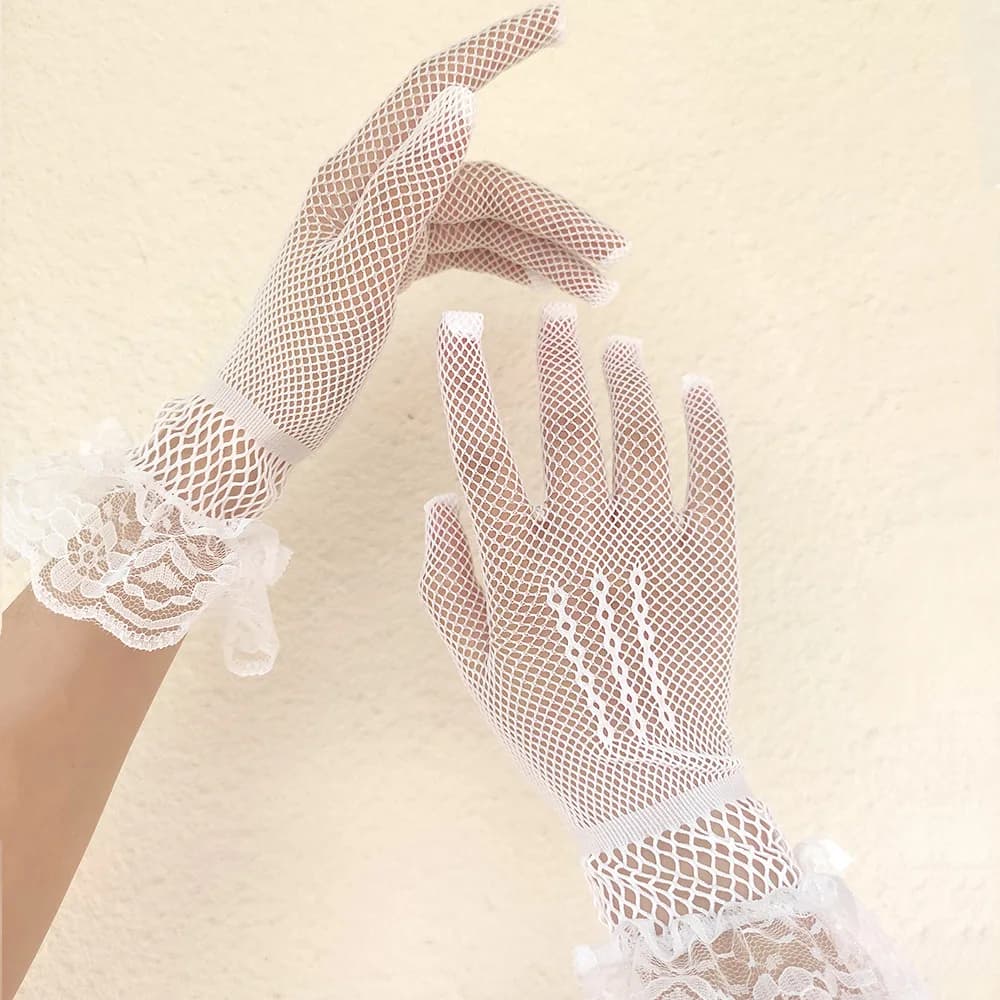 Gants conduite femme été anti-UV fins mesh fishnet dentelle volants doigts complets noir blanc
