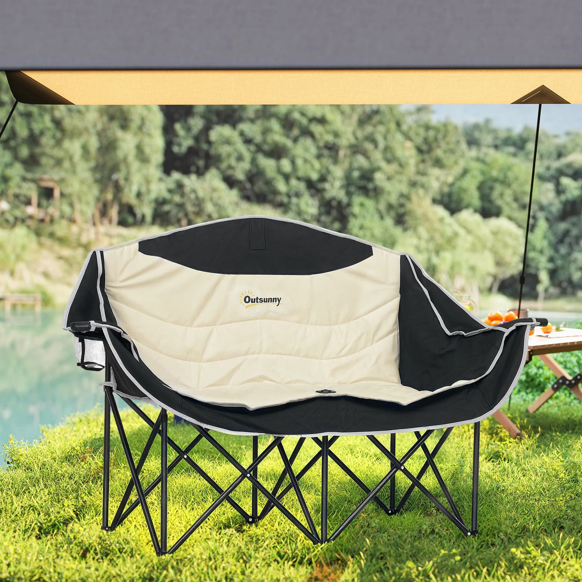 Chaise camping pliante 2 places avec porte-gobelets - Siège pêche portable charge 250kg kaki