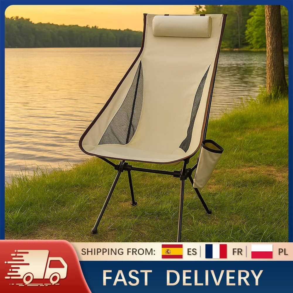 Chaise de camping pliable avec appui-tête aluminium léger, siège pêche et lune portable pour mobilier extérieur
