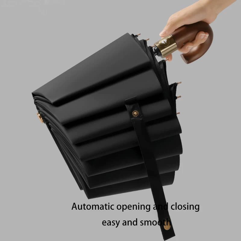 Parapluie automatique canne courbée manche bois anti-vent pluie soleil mixte homme femme pliable