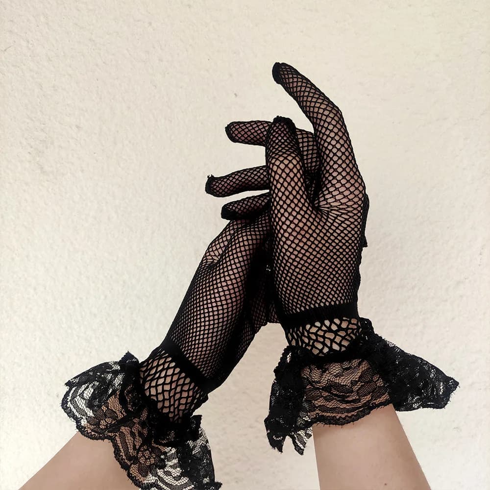 Gants conduite femme été anti-UV fins mesh fishnet dentelle volants doigts complets noir blanc