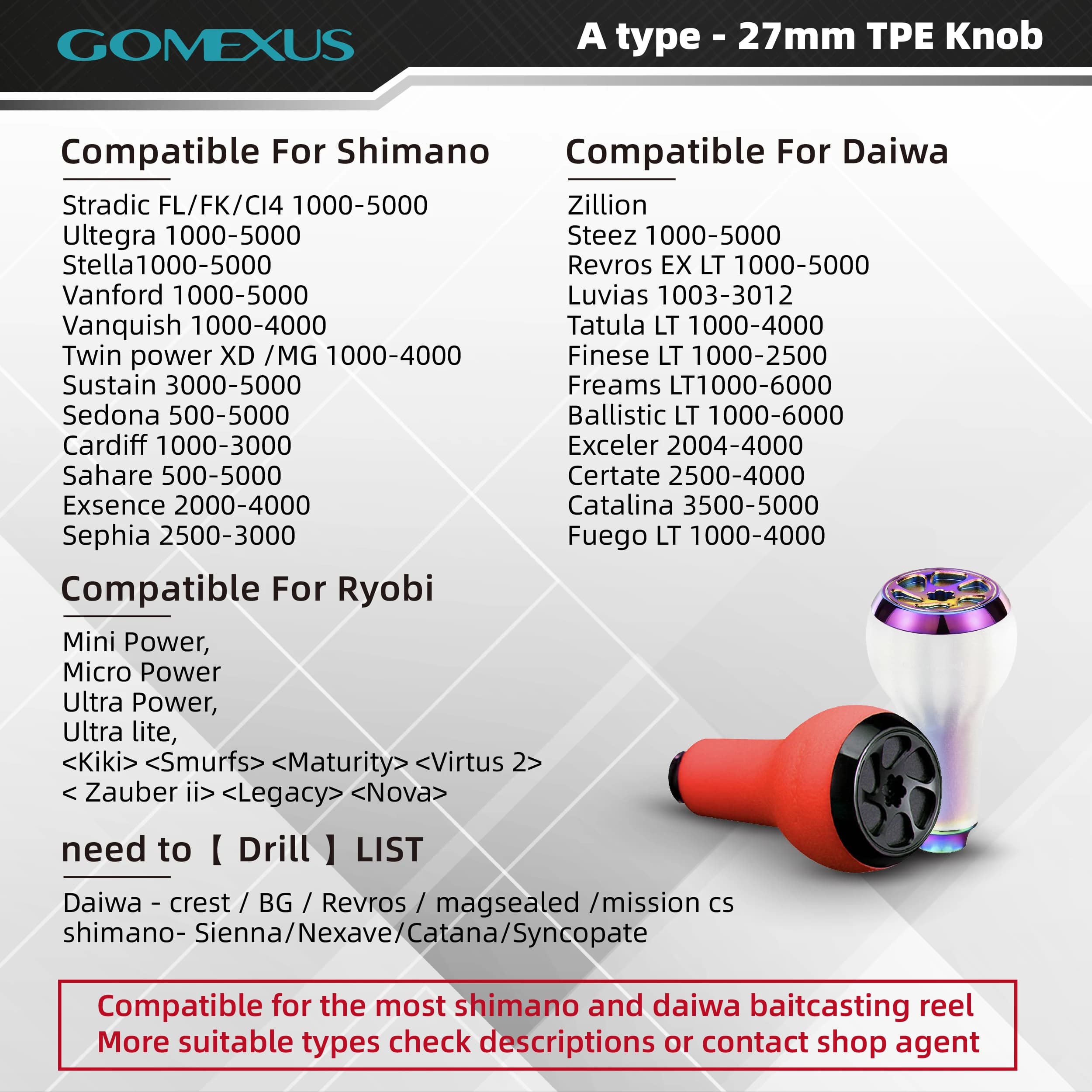 Poignée Gomexus TPE 27mm pour moulinets Shimano Daiwa, grip antidérapant pêche humide