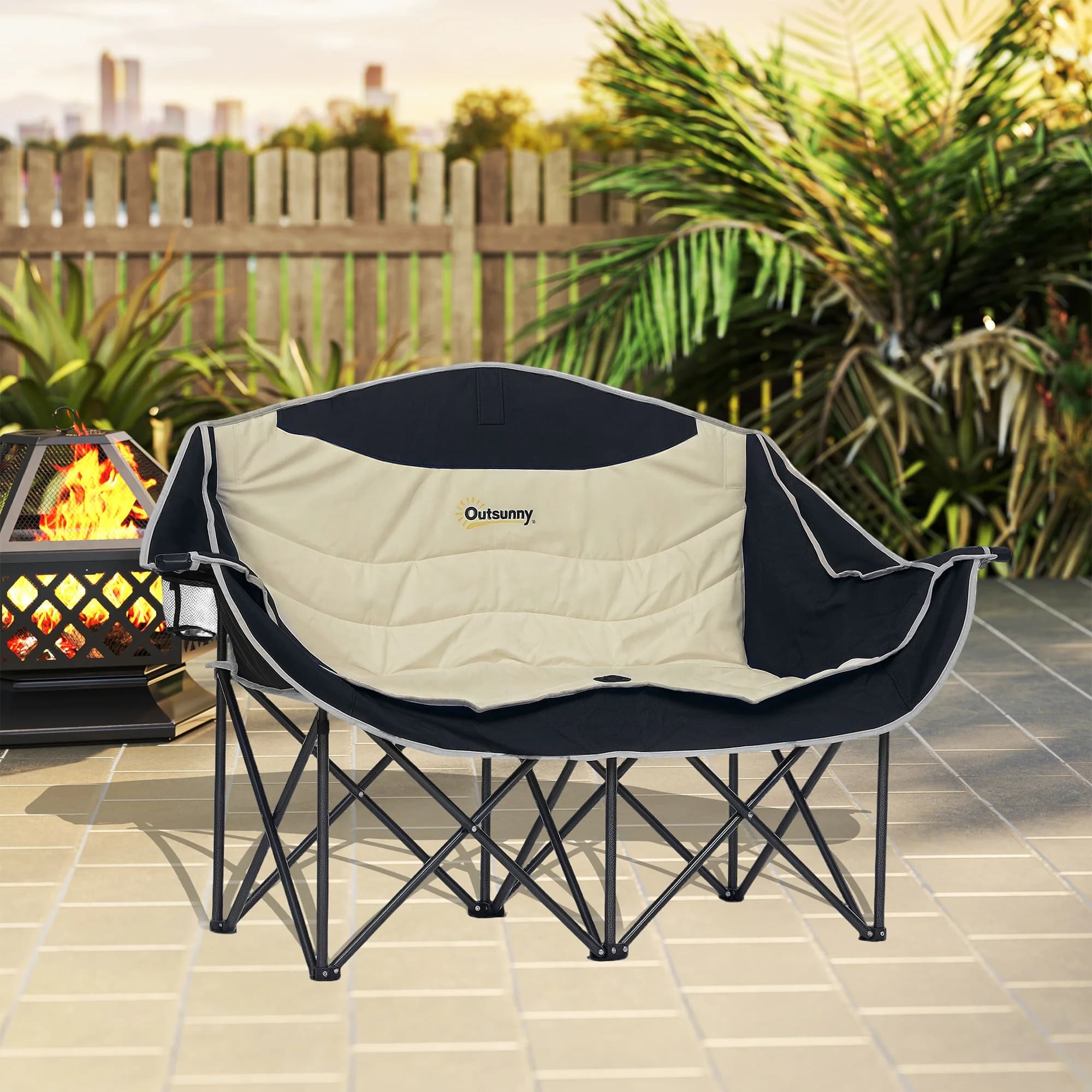 Chaise camping pliante 2 places avec porte-gobelets - Siège pêche portable charge 250kg kaki