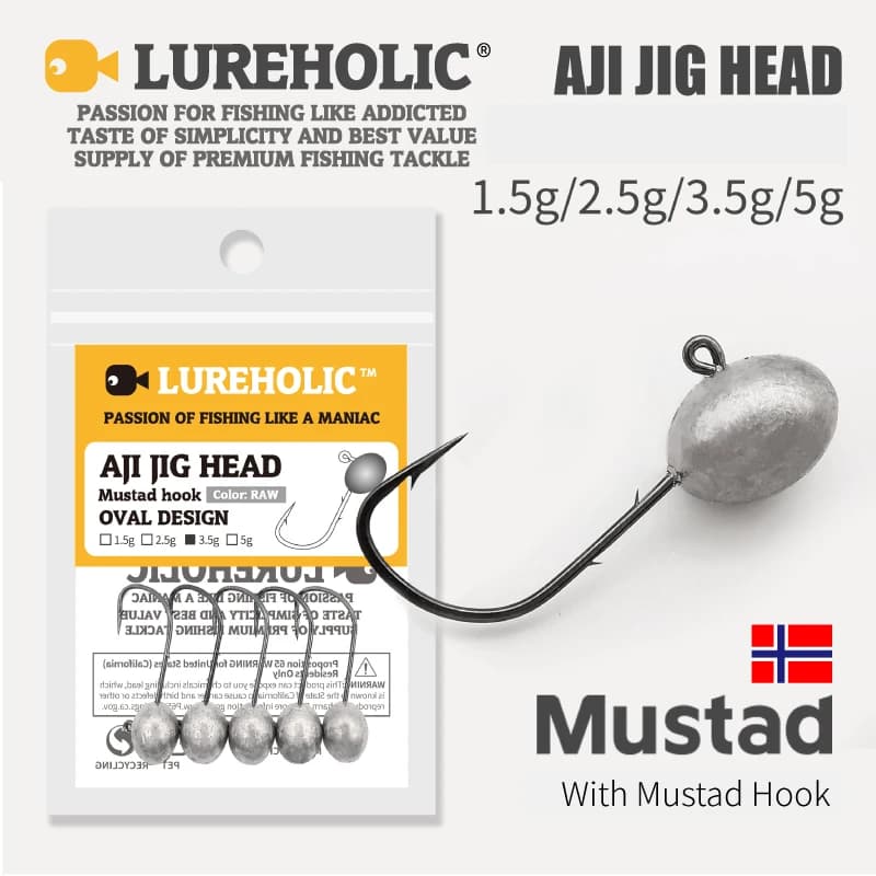5 hameçons Aji Head Mustad double barbillon 1.5g à 5g Lureholic - Pour pêche rock finesse