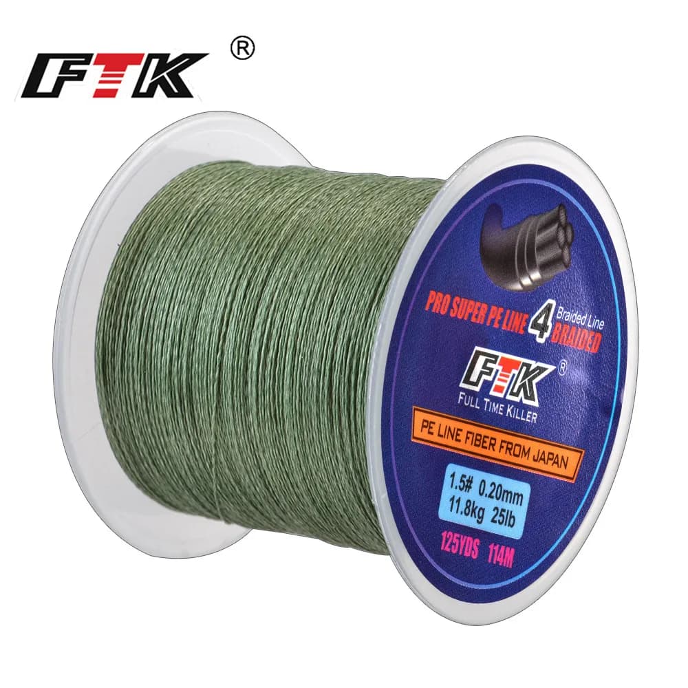 Ligne de Pêche Tressée Japonaise FTK 114M PE 4 Brins 125 Yards, Incroyablement Résistante 8LB à 60LB