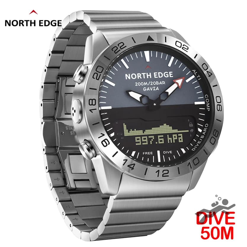 NORTH EDGE montre plongée militaire - Smartwatch acier inox étanche 200m boussole altimètre baromètre pêche