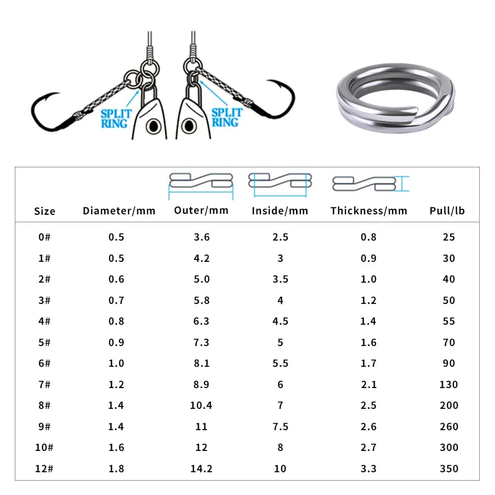 50 anneaux split pêche inox argent PROBEROS pour leurres CrankHard accessoires connecteurs 0#-12#