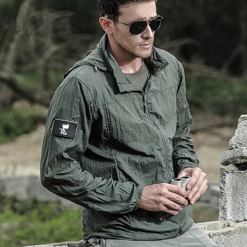 Veste tactique homme été 2025 imperméable - Coupe-vent légère à capuche séchage rapide anti-UV casual