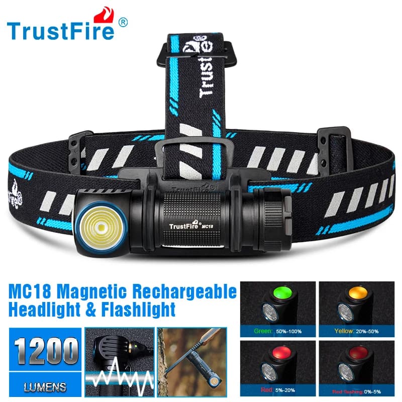 Lampe frontale Trustfire Mc18 LED XP-LHI 1200lm magnétique rechargeable pour pêche technique
