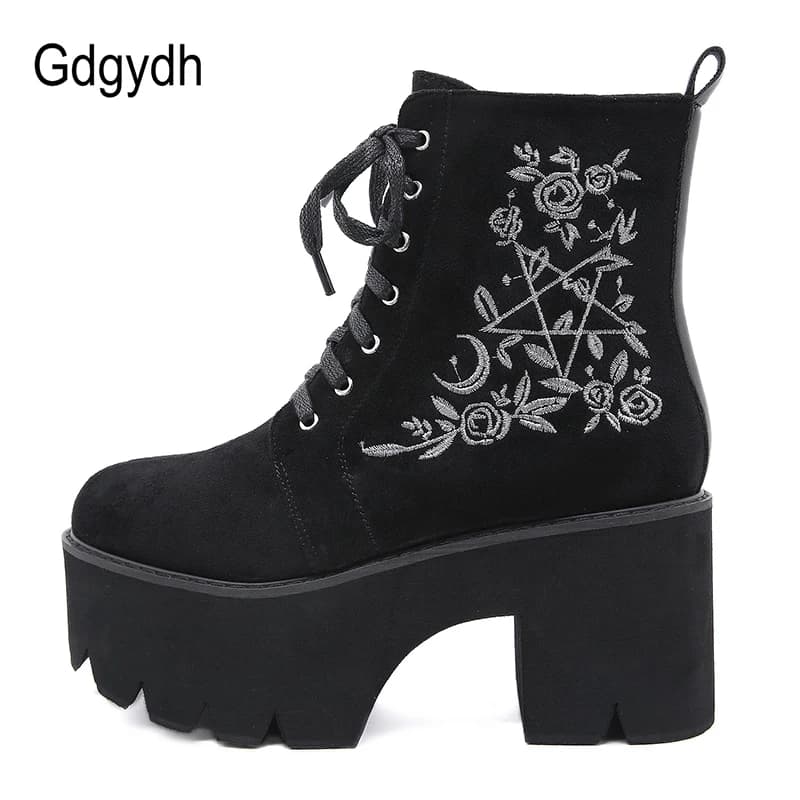 Bottes plateforme fleurs punk suédine - Chaussures gothique pêche nuit lacets qualité