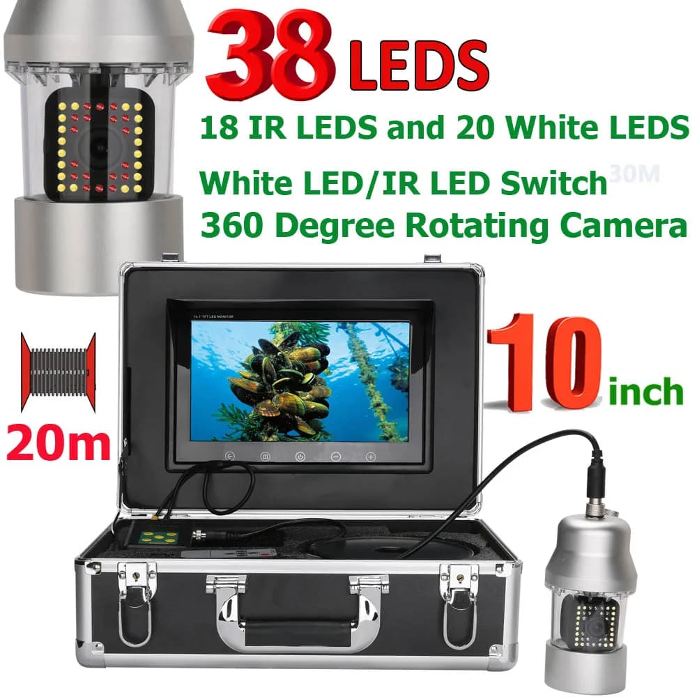 Caméra sous-marine rotative 360° pour pêche - Fishfinder vidéo 10 pouces IP68 avec 38 LED