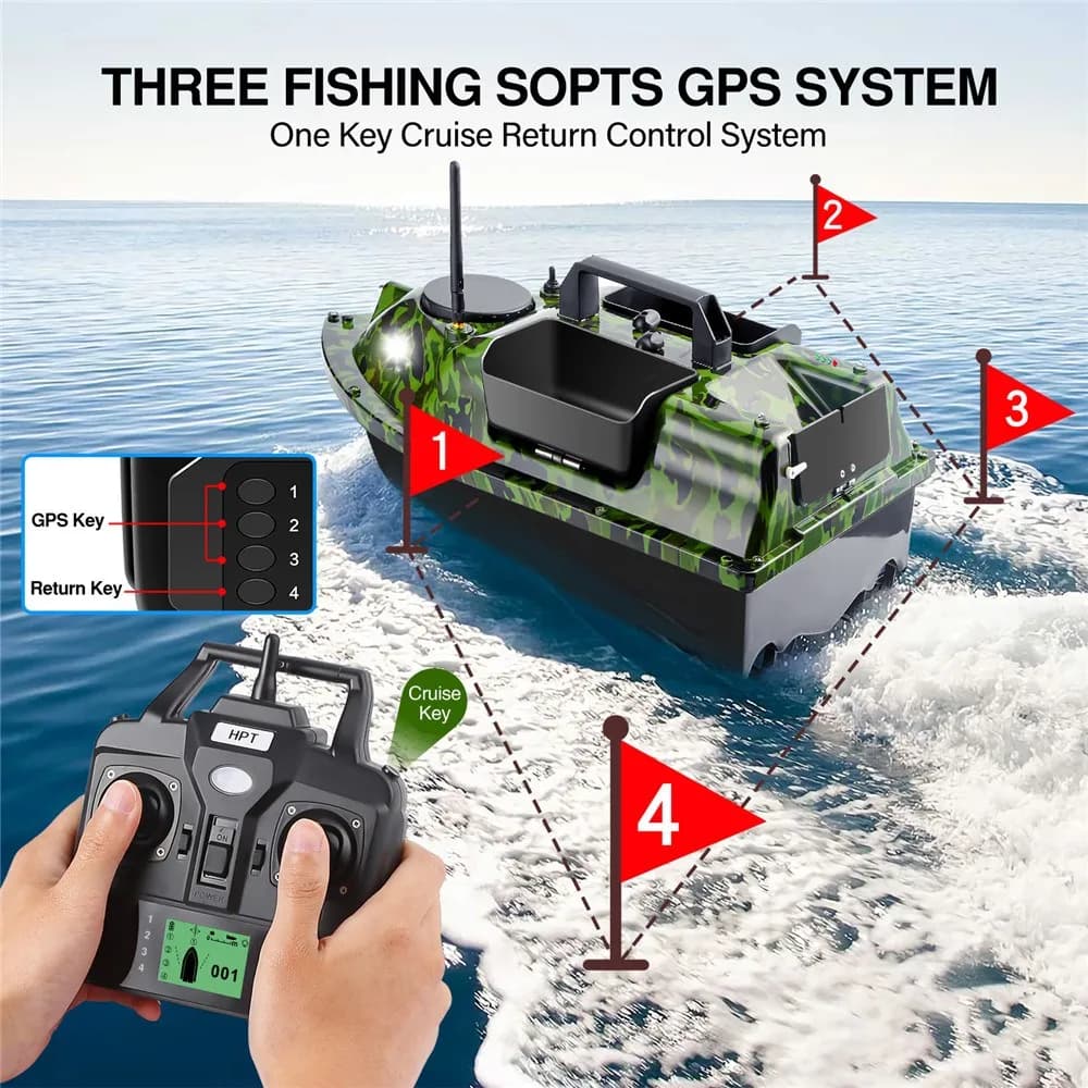 Bateau appât télécommandé 500M camouflage avec sondeur GPS et 3 catapultes pour pêche au loin