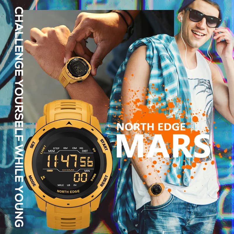 Montre NORTH EDGE - Double fuseau horaire, podomètre running, étanche 50m et réveil militaire digital