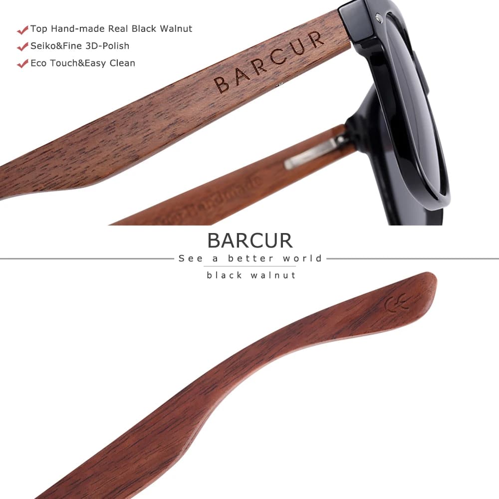 Lunettes de soleil bois noyer pêche - Cadre carré polarisé qualité premium UV400 avec étui