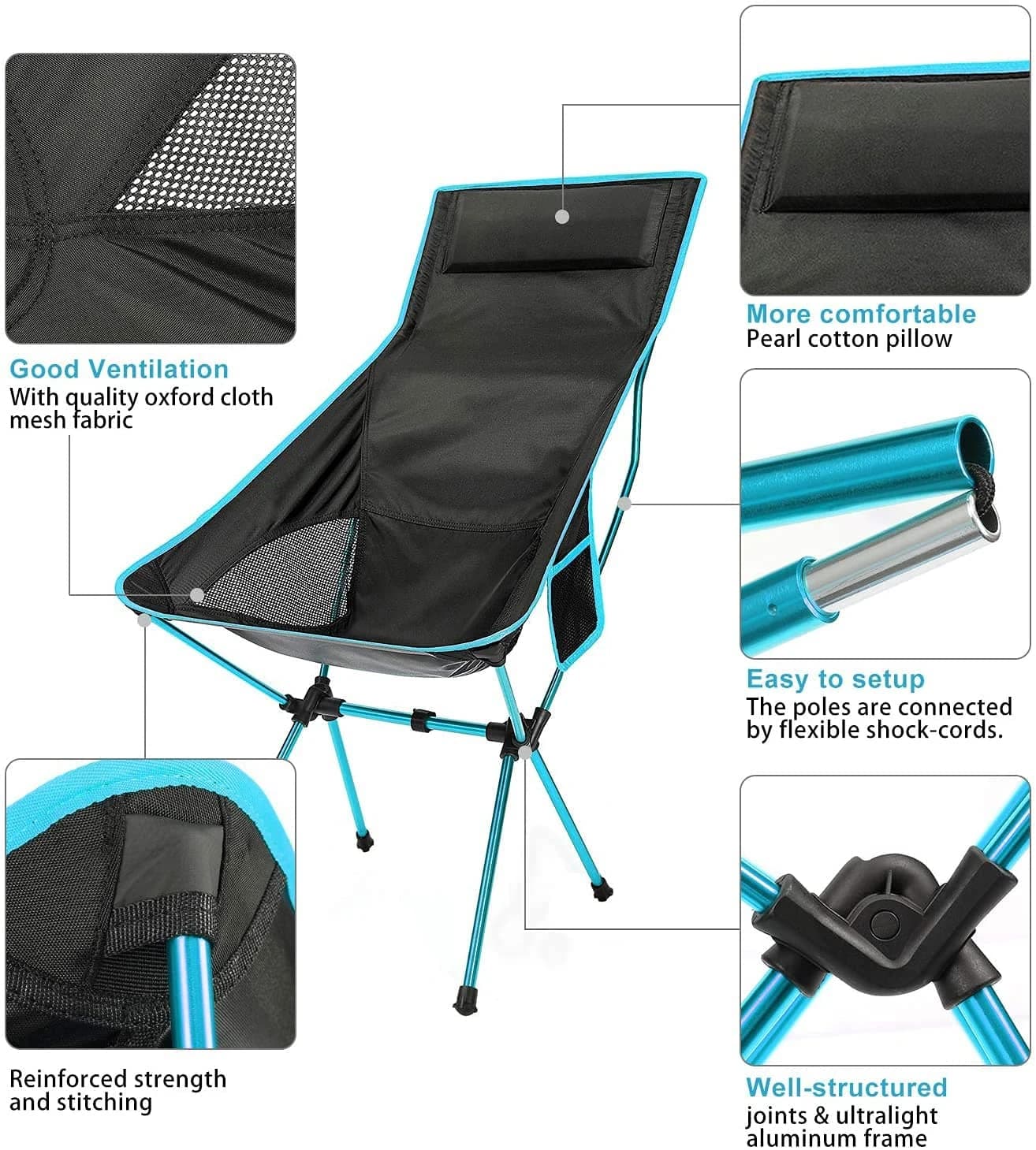 Chaise de camping pliante Oxford ultralégère pour pêche, BBQ, plage et pique-nique - Siège allongé