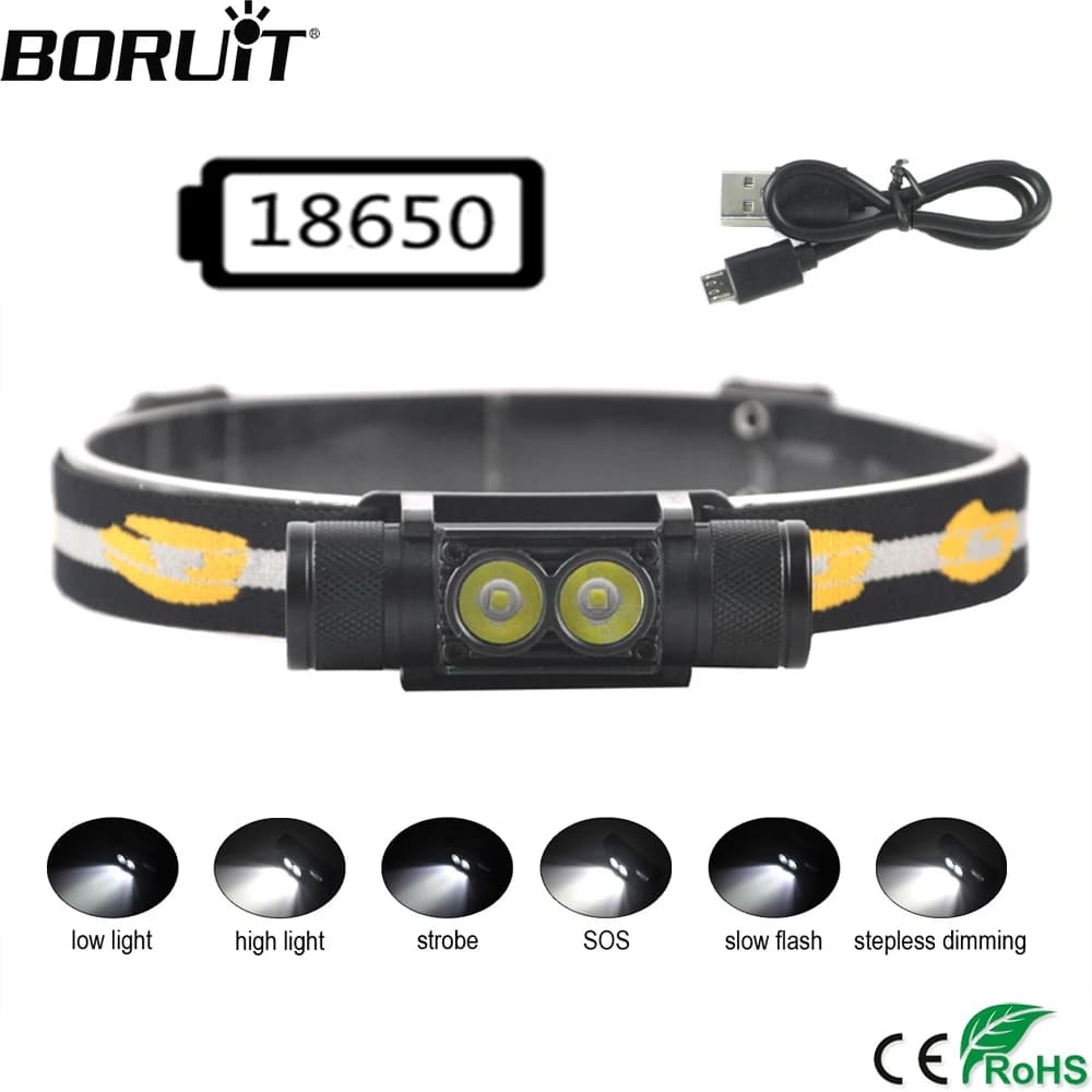 Mini lampe frontale BORUiT D25 5000LM double LED rechargeable 6 modes pour pêche et chasse