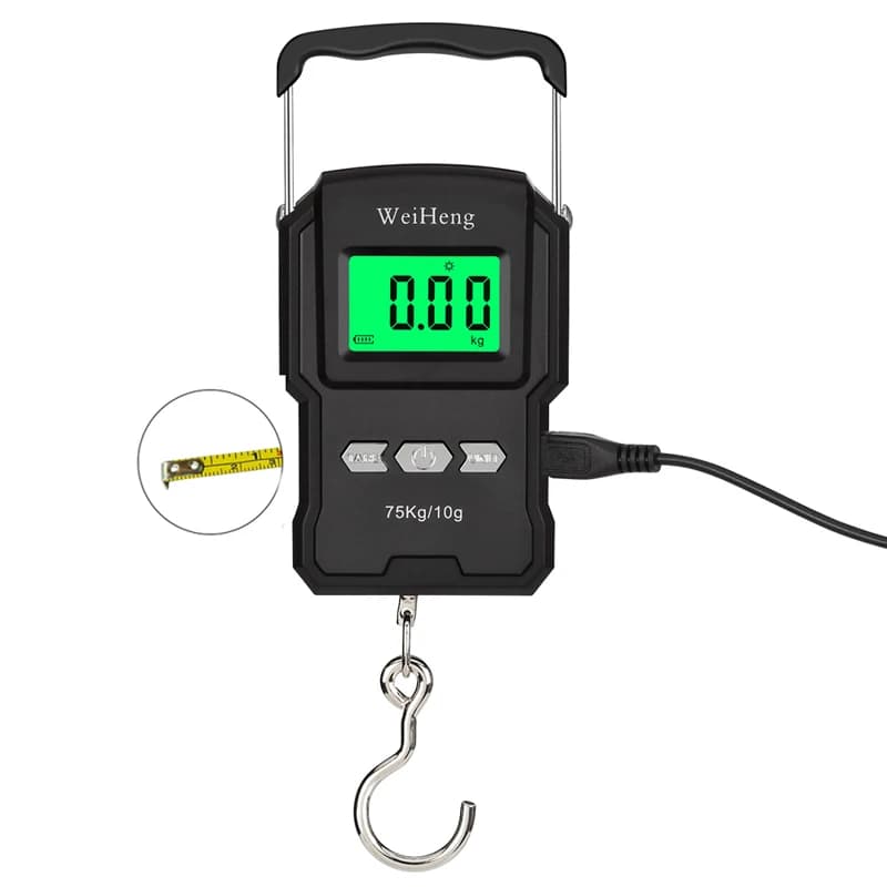 Balance numérique noire rechargeable 75Kg précision 10g avec mètre ruban pour pêche bagages crochet