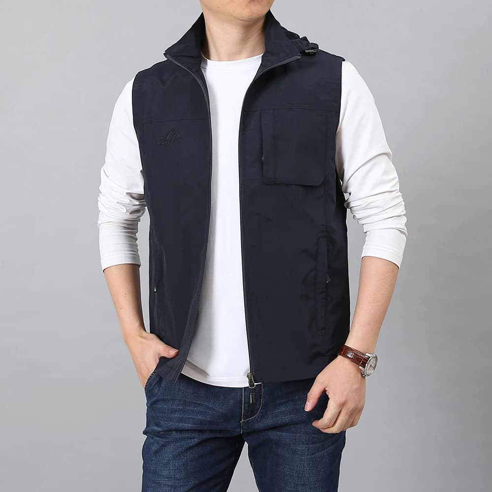 Gilet sans manches homme été grande taille 7XL - Multiples poches voyage photographie - Veste pêche avec casquette