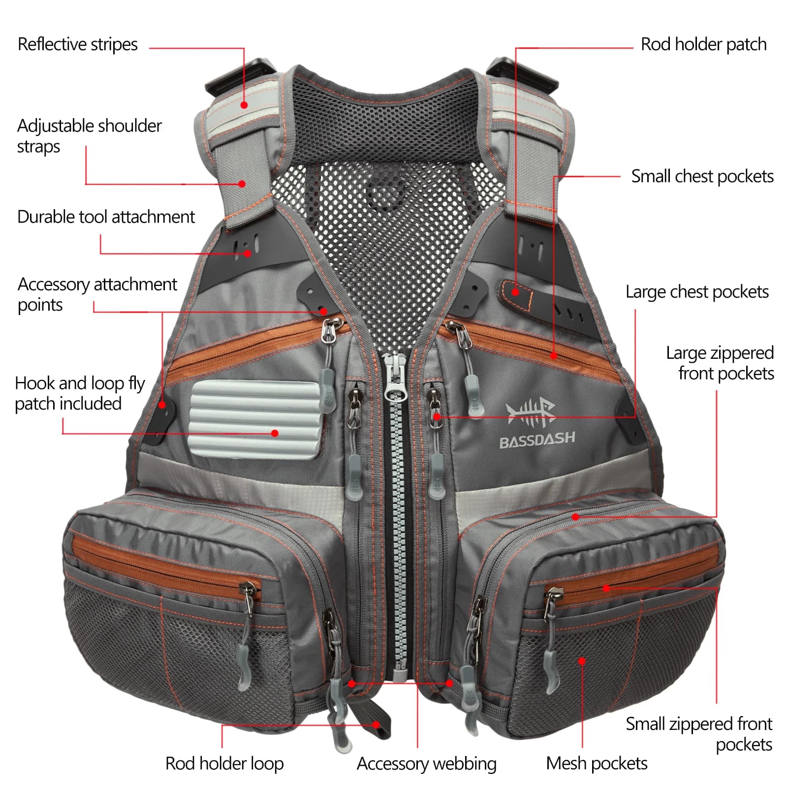 Veste pêche enfant Bassdash FV09 - Veste réglable multi-poches pour jeunes pêcheurs truite et perche