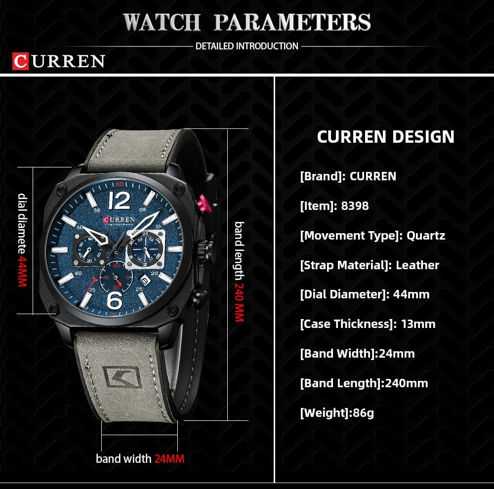 Montre homme CURREN chronographe étanche - Cuir quartz calendrier aiguilles lumineuses montre multifonction