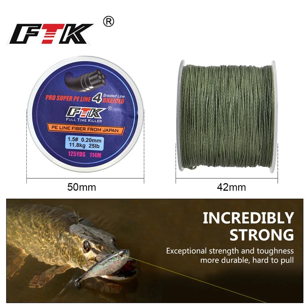 Ligne de Pêche Tressée Japonaise FTK 114M PE 4 Brins 125 Yards, Incroyablement Résistante 8LB à 60LB