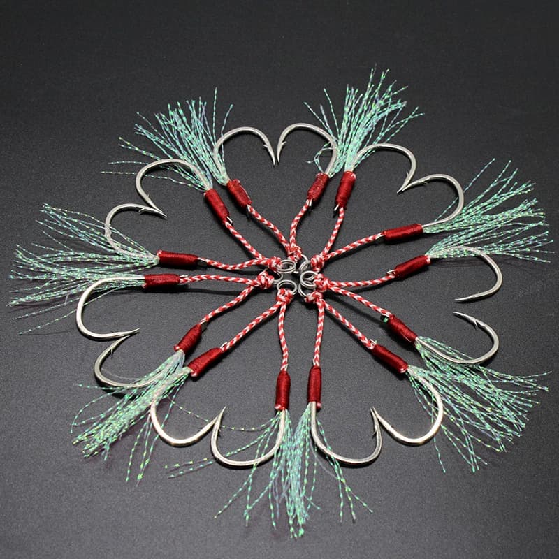 Lot de 10 hameçons doubles pour pêche jigging, plumes et acier haute carbone pour leurres de pêche lente