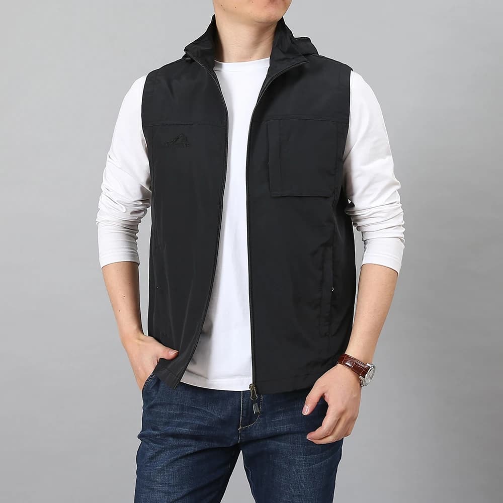 Gilet sans manches homme été grande taille 7XL - Multiples poches voyage photographie - Veste pêche avec casquette