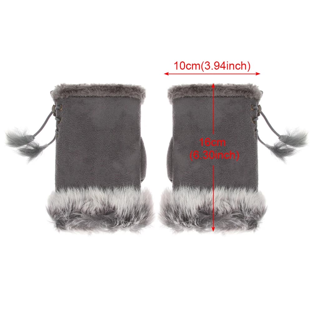 Gants hiver chauds sans doigts fausse fourrure lapin doux cuir souple stretch femmes filles