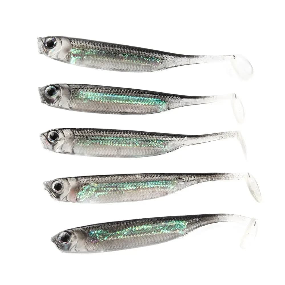 Leurre Souple Pêche 5 Pièces Leurres T Tail Arc-en-Ciel 7CM avec Paillettes pour Truite et Carnassiers