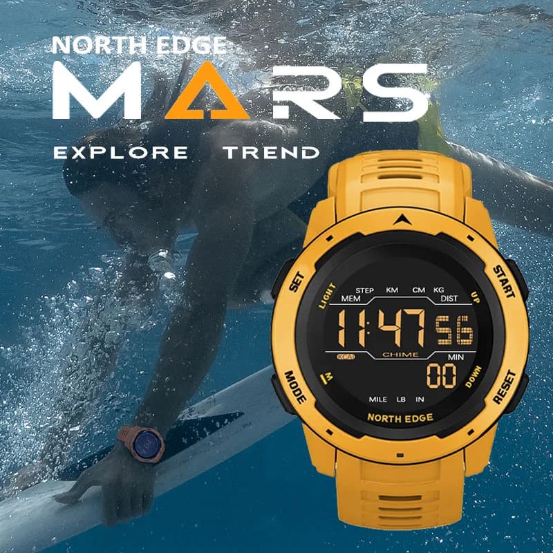 Montre NORTH EDGE - Double fuseau horaire, podomètre running, étanche 50m et réveil militaire digital