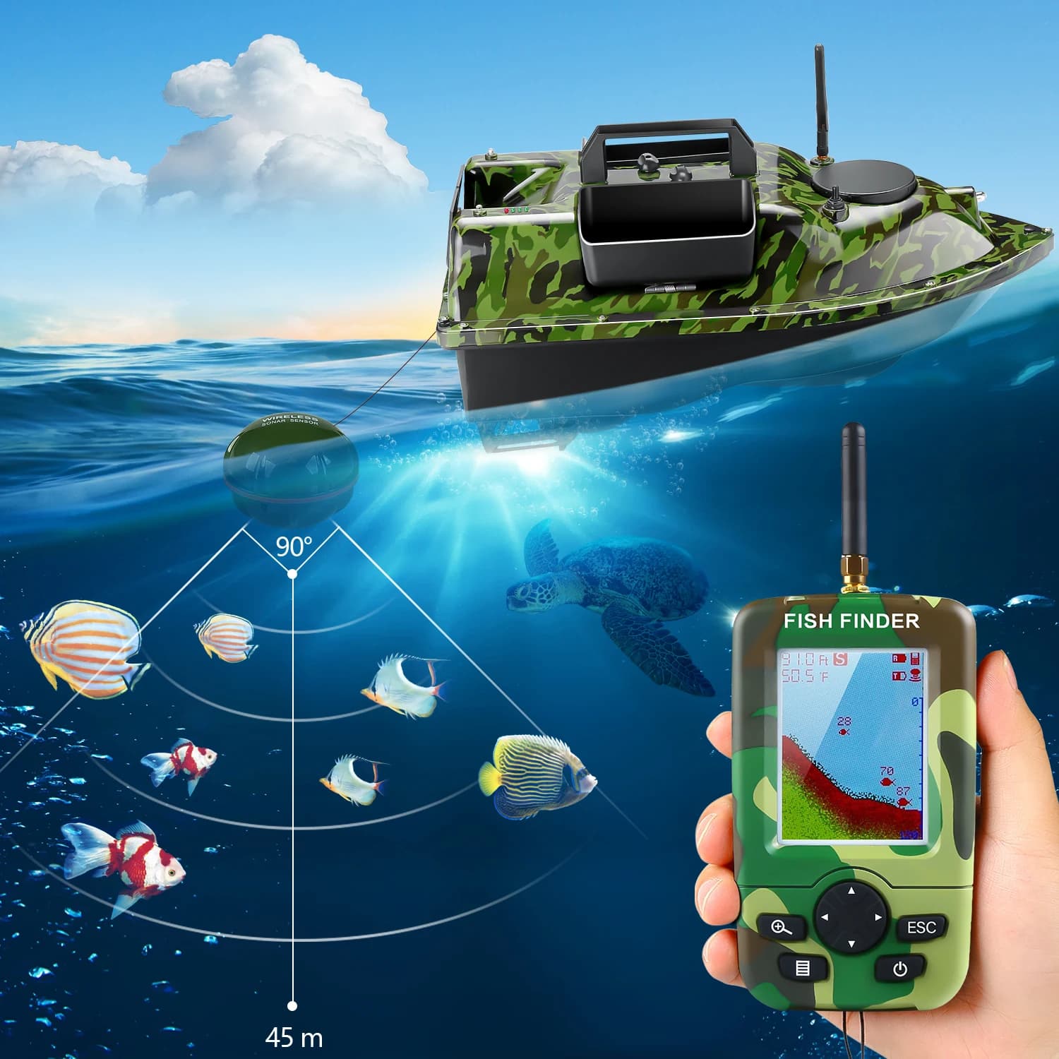 Bateau appât GPS avec sonar sans fil et 3 compartiments pour pêche à la carpe et contrôle à distance