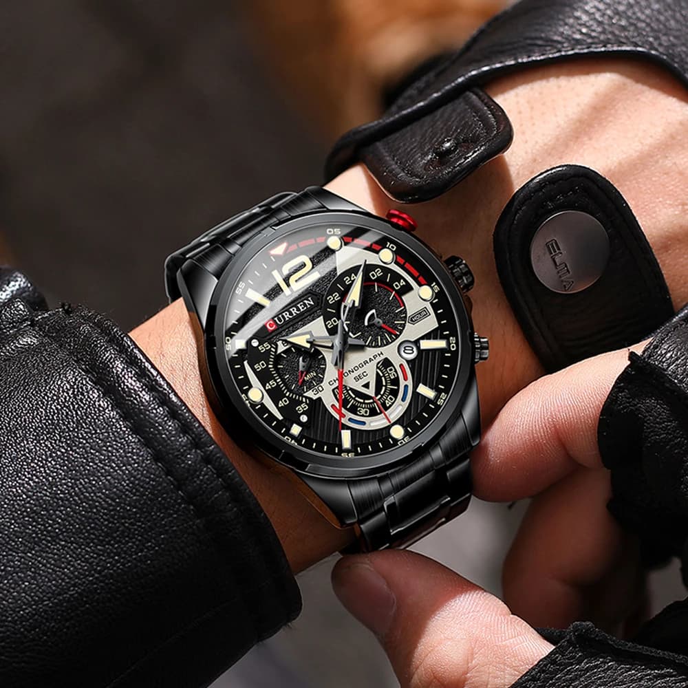 Montre homme Curren chronographe sport aiguilles lumineuses - Boîtier et bracelet acier inoxydable pour pêcheur
