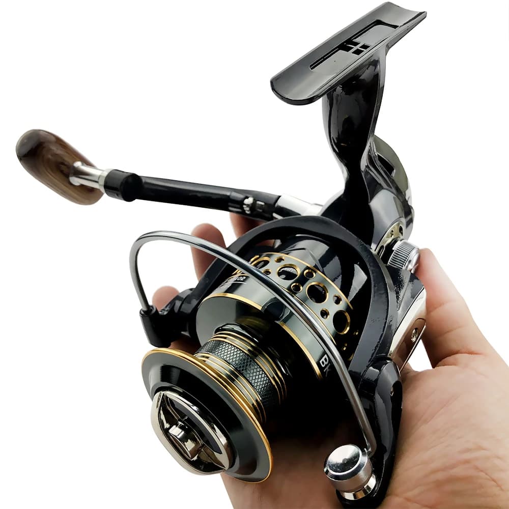 Moulinet spinning à manivelle bois bobine métal gauche/droite pour pêche traditionnelle
