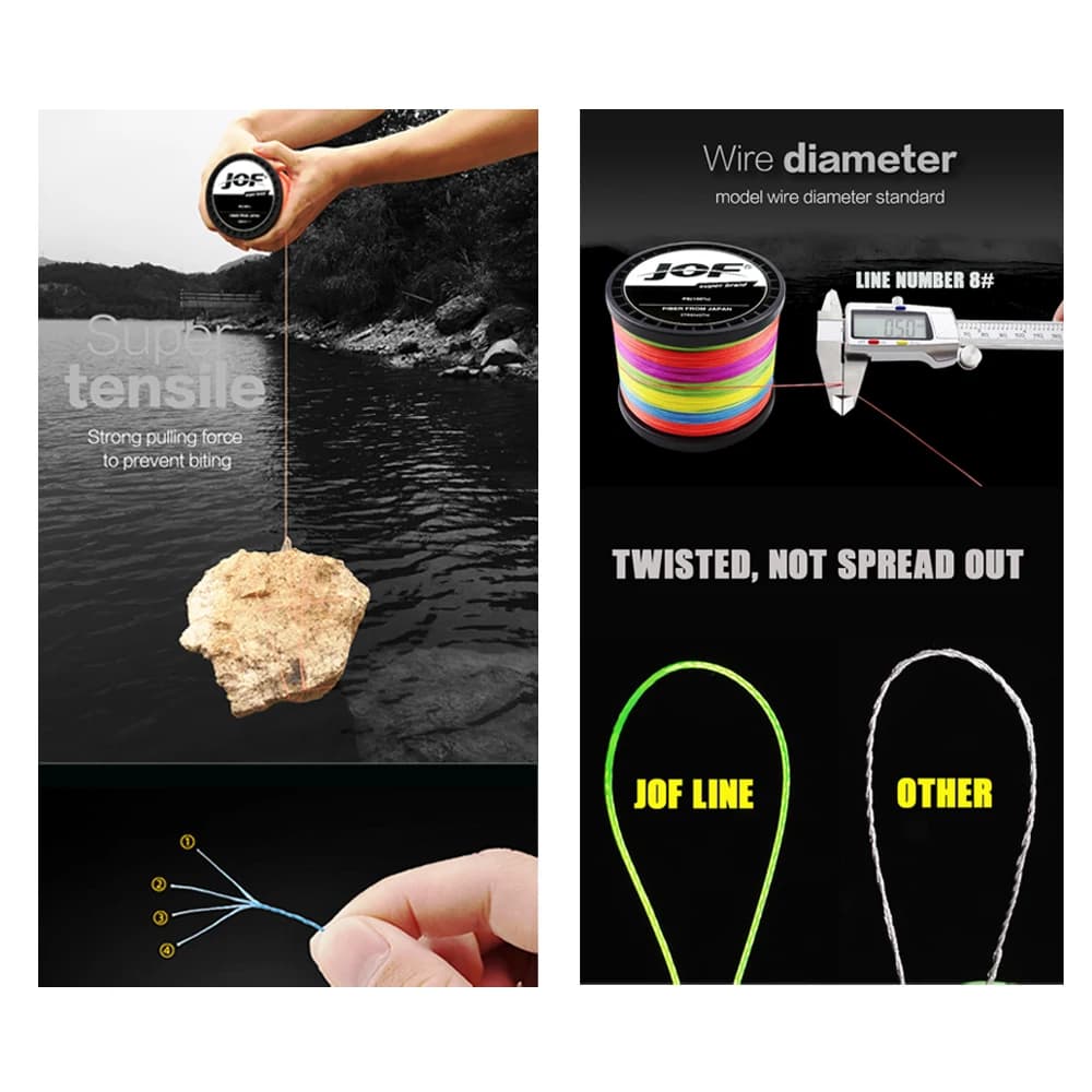 Ligne pêche rivière JOF 4 brins PE 300M multifilament 8-80LB pour pêche fine en eau douce