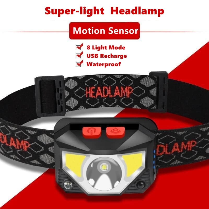 Lampe frontale LED 8 modes avec détecteur de mouvement pour pêche et camping