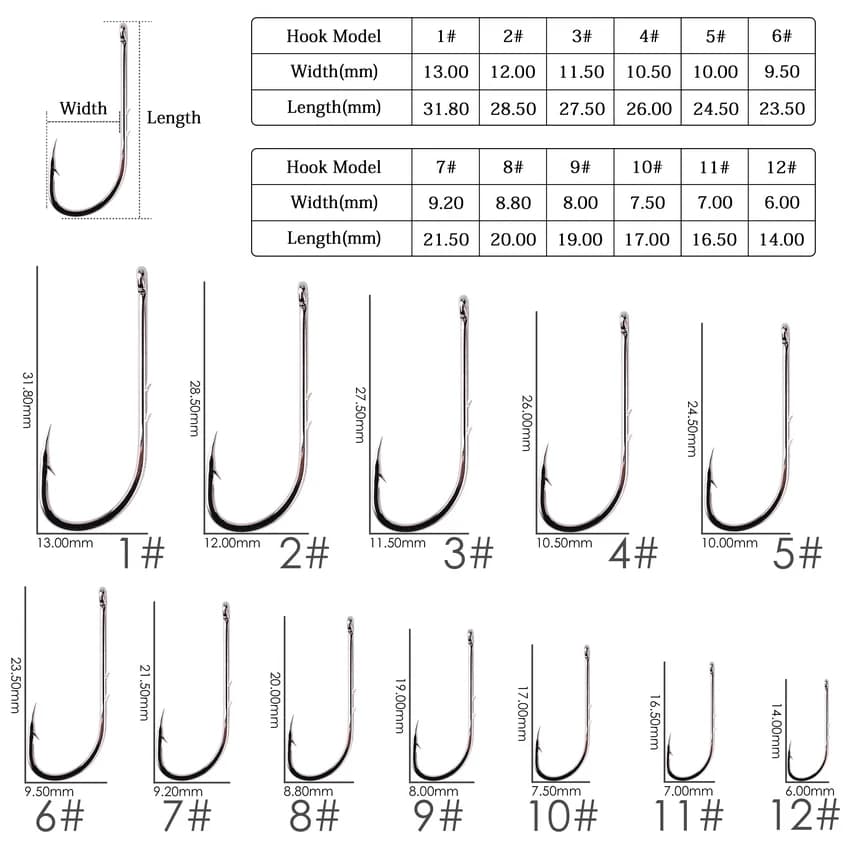 50 hameçons longue tige acier carbone 1 à 12, ardillon offset pour appâts naturels, boîte de pêche