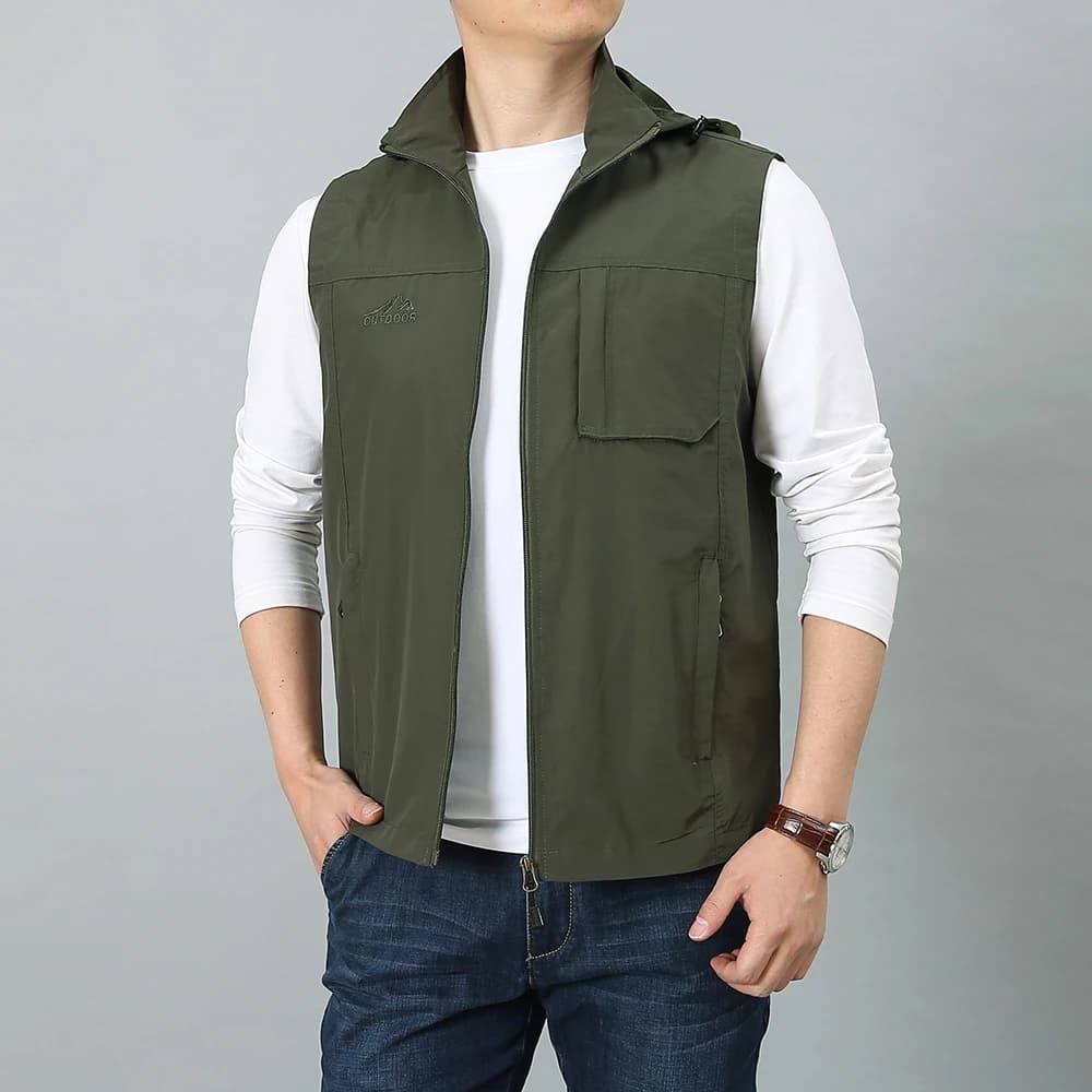 Gilet sans manches homme été grande taille 7XL - Multiples poches voyage photographie - Veste pêche avec casquette