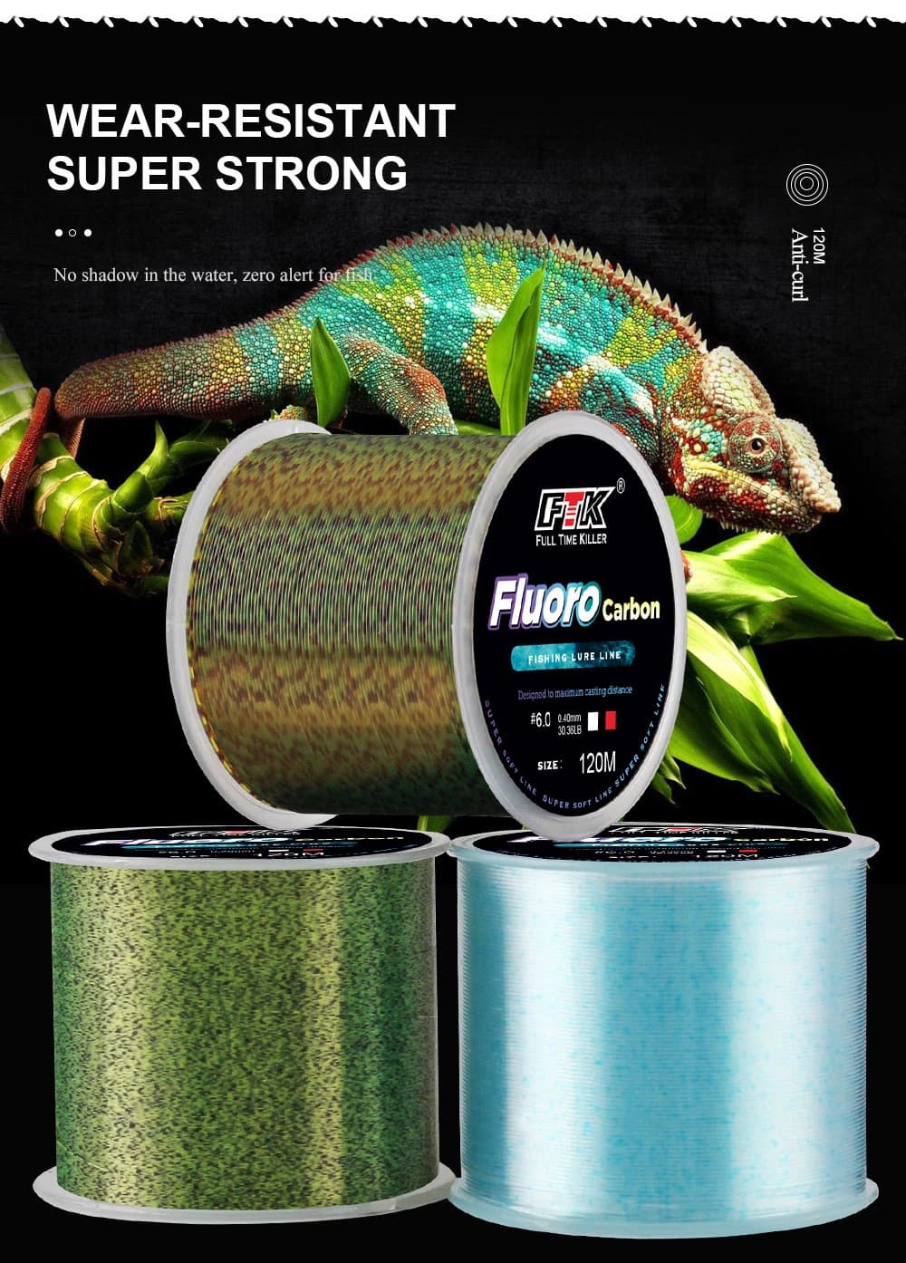 Ligne FTK 120m fluorocarbone tachetée invisible - 0.14-0.50mm 4-34lb forte pêche tous poissons