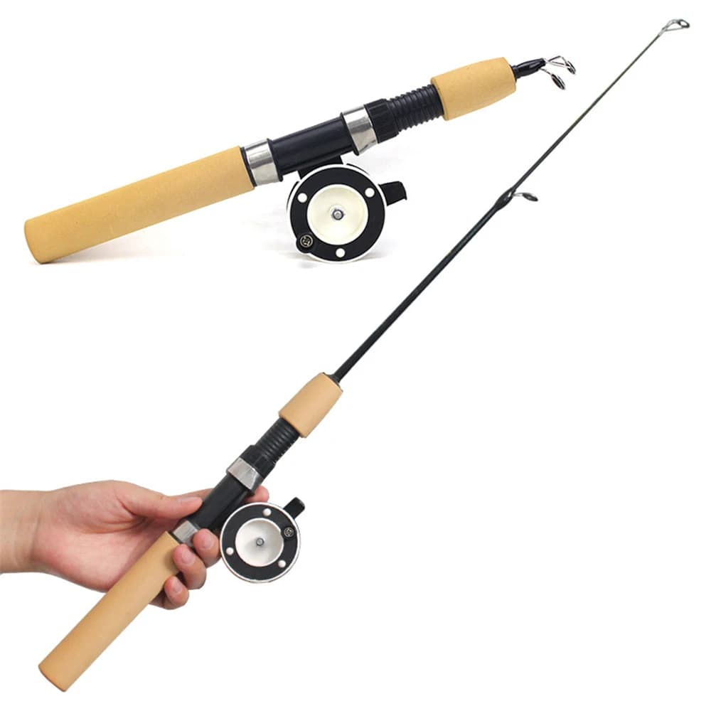 Canne pêche crevette hiver mini glace carbone élastique - Moulinet métal poignée bois antidérapante