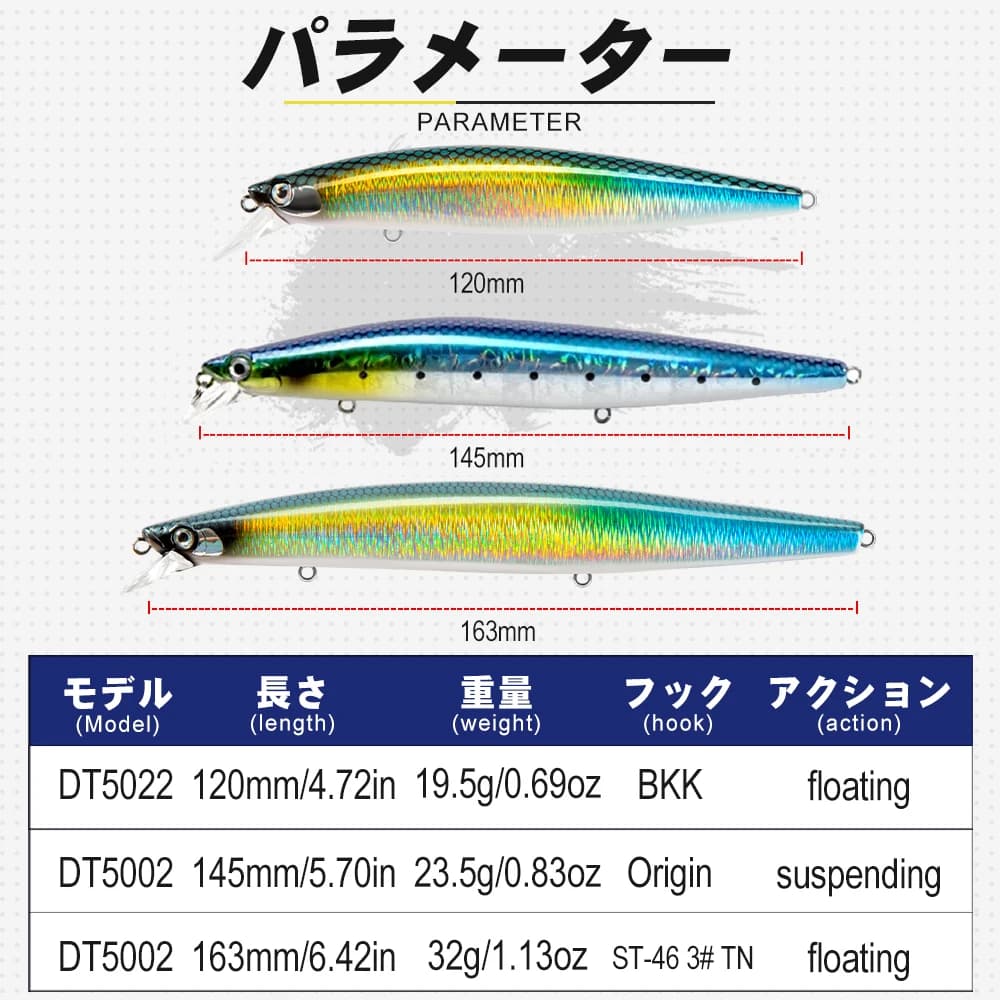 Leurre suspending D1 Assassin Minnow 120-163mm wobbler silencieux lumineux pour bar et pagre en mer