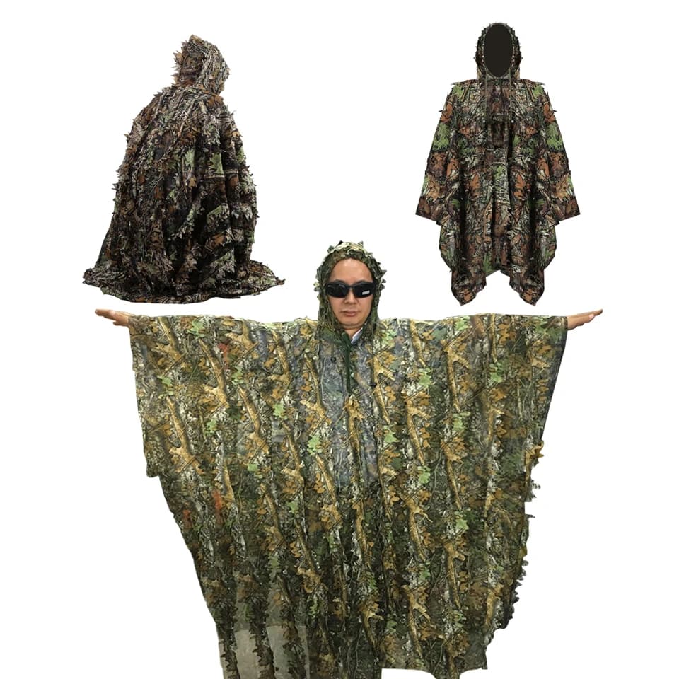 Poncho camouflage 3D feuilles pour pêche discrète et observation en milieu naturel