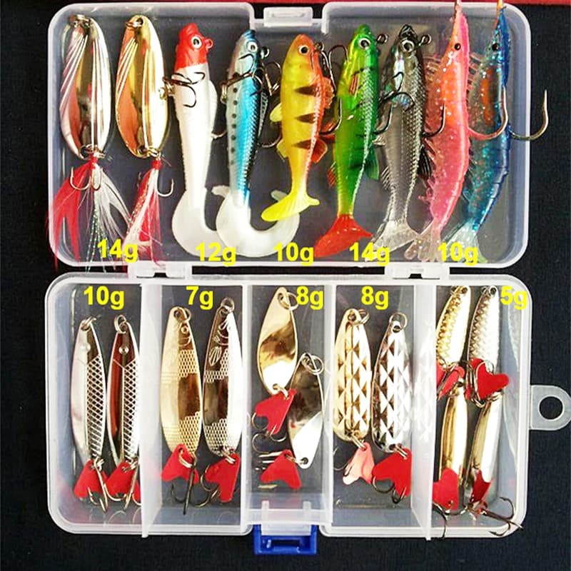 Kit leurres pêche complet wobblers métal jig spoons appâts souples silicone pour carnassiers