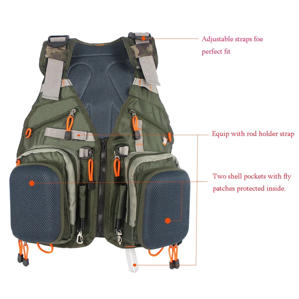 Veste de pêche fly ajustable homme avec sac à dos multifonction et poches mesh extérieures