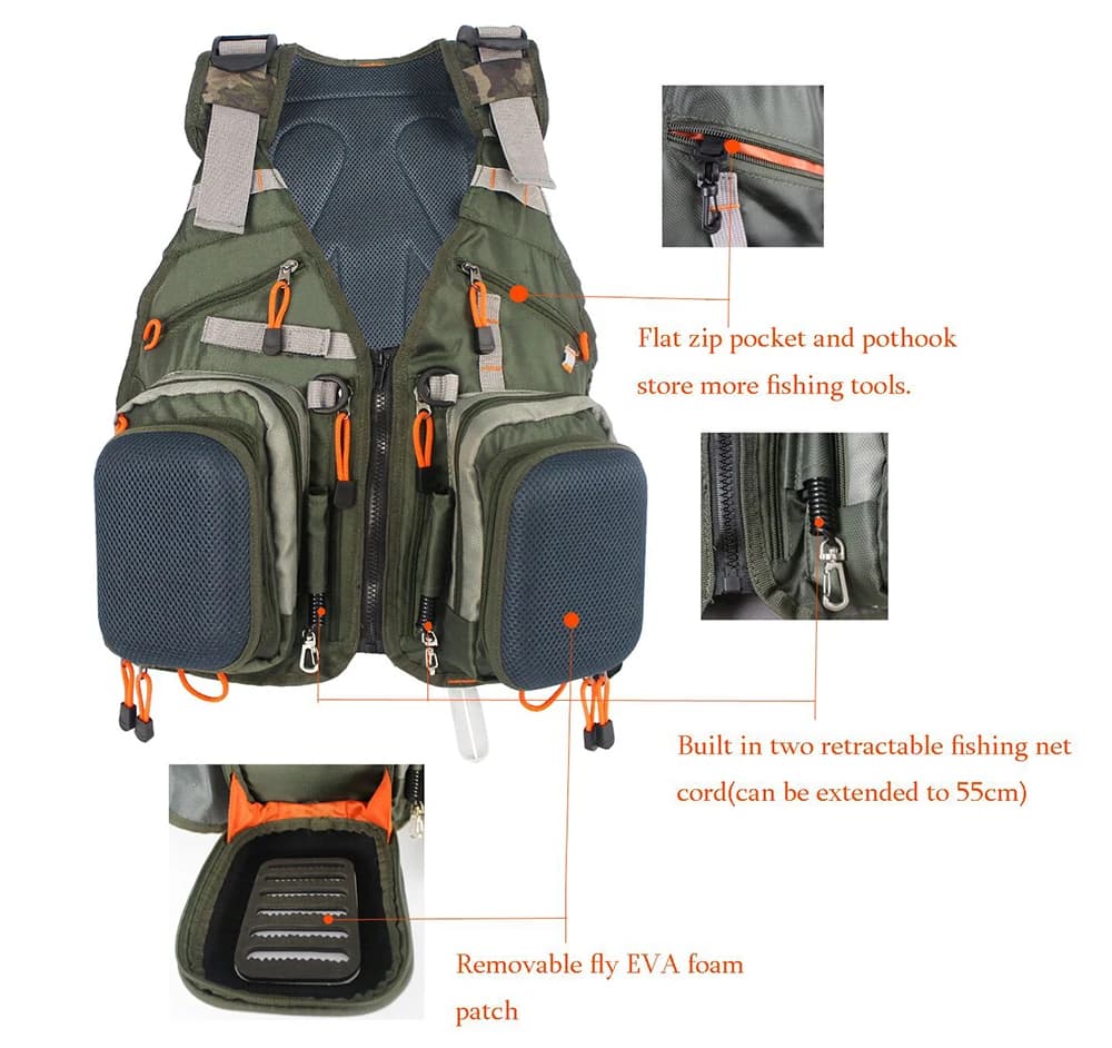 Veste de pêche fly ajustable homme avec sac à dos multifonction et poches mesh extérieures