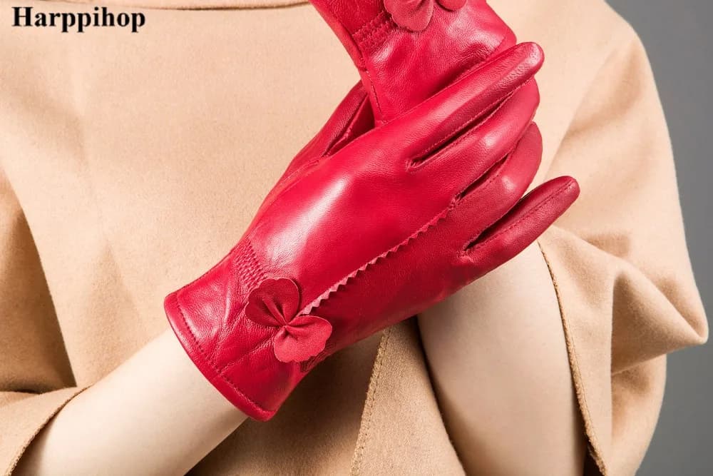 Gants femme cuir véritable rouge automne hiver - mode tendance doublure chaude anti-vent