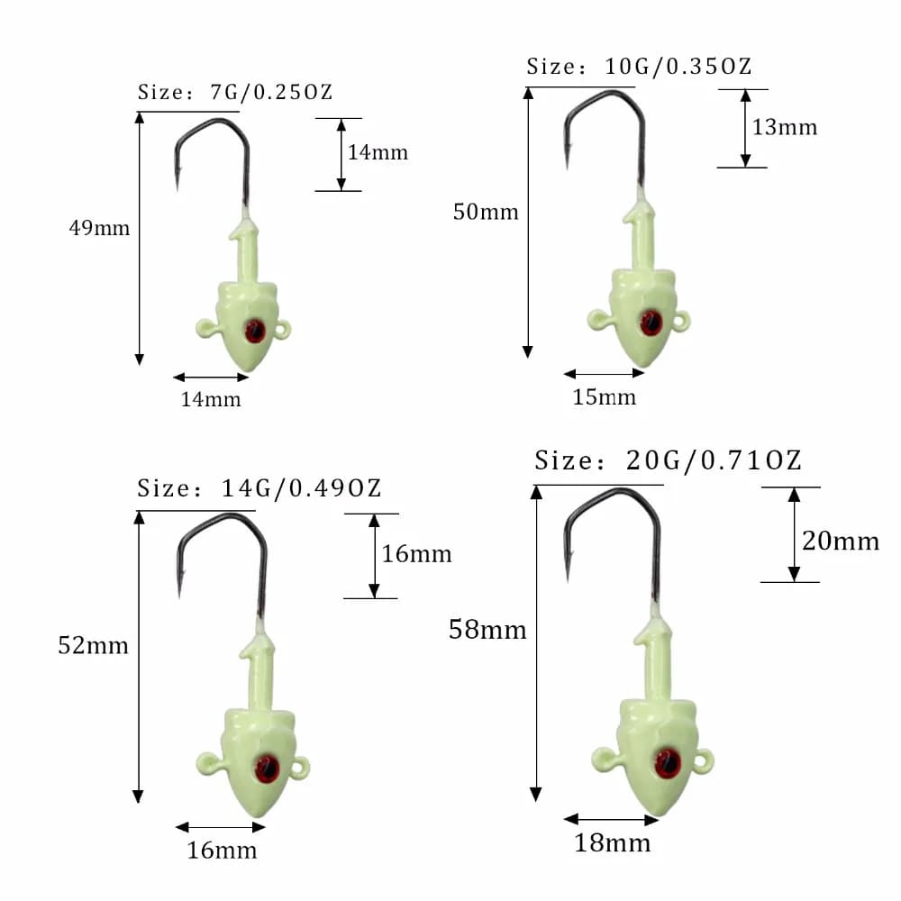 10 têtes plombées lumineuses QualyQualy 14-20g pour leurres souples et vers - Pêche nocturne