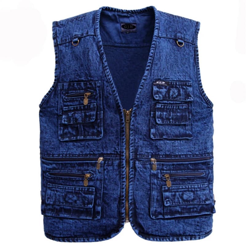 Veste sans manches homme en denim bleu foncé, taille plus XL à 5XL, multi-poches