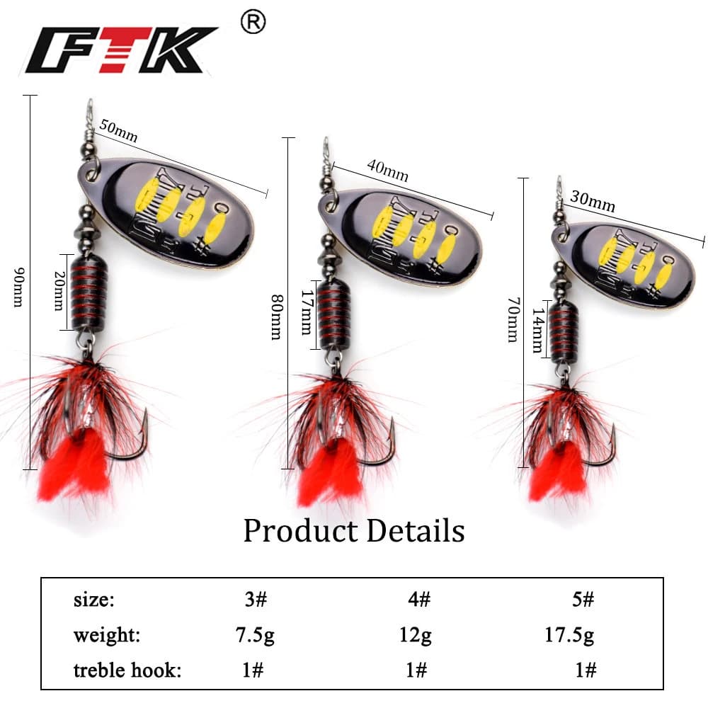 Leurre spinner bait FTK 7.5g 12g 17.5g avec plumes pour brochet - Cuiller dure pêche carnassier métal